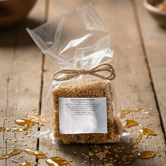 Χειροποίητο παστέλι με μέλι, σουσάμι, αμύγδαλο, αποξηραμένο γαρύφαλο & κουρκουμά